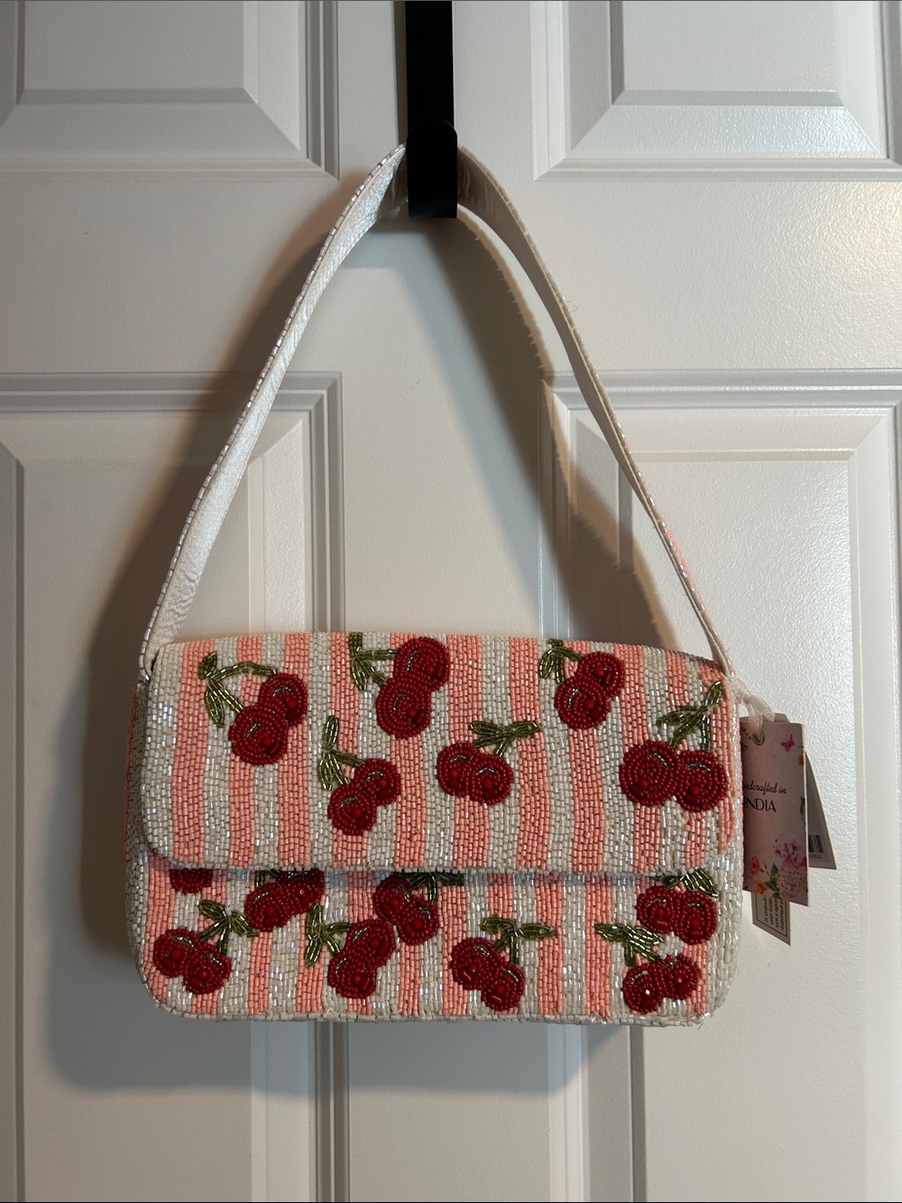 NWT Hand Crafted in India Beaded Striped Cherry Pattern Shoulder Bag